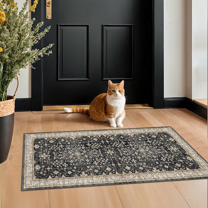 2x4 Entryway Runner Rugs, Small Runners for Kitchen, Door Mat Indoor Entrance, Bathroom, Non-Slip Low-Pile Washable Stain Resistant, Vintage Ashen Charcoal Floral Decor (Ashen/Multi)