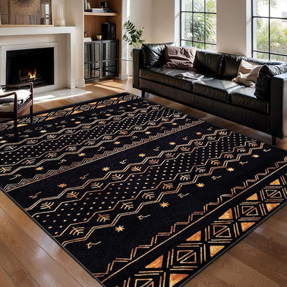 SERISSA 5x7 Area Rugs for Living Room, Washable Non-Slip Black and Gold Boho Rug, Soft Low-Pile Geometric Indoor Large Carpet for Dining Room Bedroom Home Office Playroom