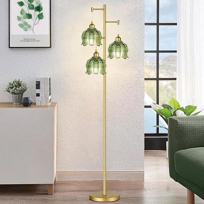 ZECOXOL Vintage Floor Lamps for Living Room Bedroom-3 Light Glass Floor Lamp with Three Led Bulb, Modern Mid Century Standing Lamp Brass Tall Lamp Gold Tree Floor Lamp for Bedroom Corner