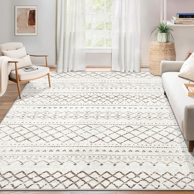 Area Rug 4x6 Geometric Rug: Washable Boho Moroccan Rugs Soft Farmhouse Rug, Modern Neutral Stain Resistant Indoor Floor Carpet for Livingroom Bedroom Dining Table Nursery(Brown,4X6)