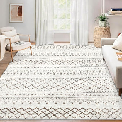 Area Rug 3x5 Geometric Rug: Washable Boho Moroccan Rugs Soft Farmhouse Rug, Modern Neutral Stain Resistant Indoor Floor Carpet for Livingroom Bedroom Dining Table Nursery(Brown,3X5)