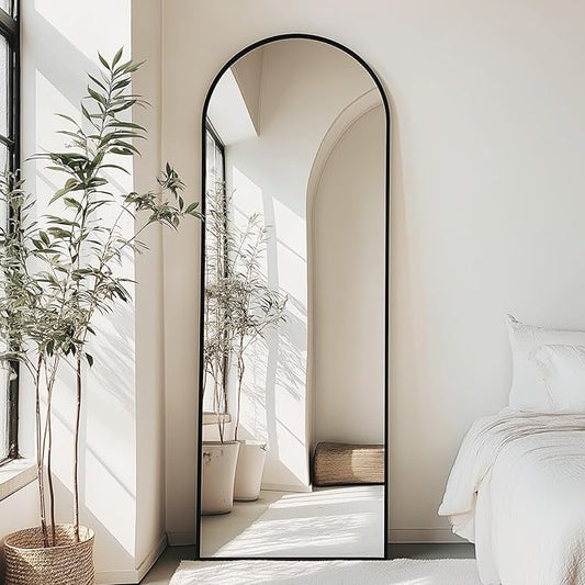 OLIXIS Arched Full Length Mirror 71.1"x25.5" for Bedroom, Full Body Mirror with Stand, Hanging or Leaning for Wall, Aluminum Alloy Thin Frame Floor Standing for Living Room, Long, Deep Black
