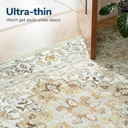 Lessymo 5x7 Area Rugs- Machine Washable Area Rugs, Super Soft Faux-Wool Area Rug for Living Room Bedroom, Boho Area Rug Vintage Floral Medallion Non-Slip Low Pile, Kid & Pet Friendly, Beige