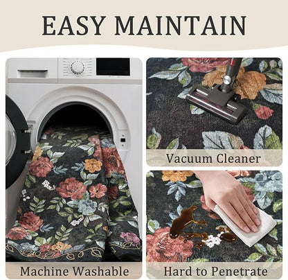 2x3 Machine Washable Area Rug for Entryway, Dark Blue Black Vintage Boho Floral Rug Non-Slip Low Pile Soft Faux Wool Small Carpet, Kids and Pets Friendly for Bedroom Kitchen Hallway Bedside Decor Rug