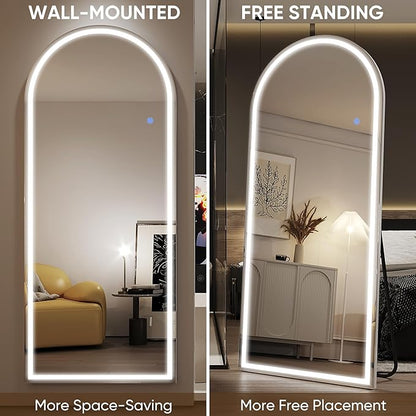 Antok LED Full Length Mirror with Light, 56"x20" Lighted Full Body Mirror with Stand, Dimmable & 3 Color Lighting Standing/Leaning/Wall Mounted Vanity Mirror for Bedroom Cloakroom Livingroom(Arched)