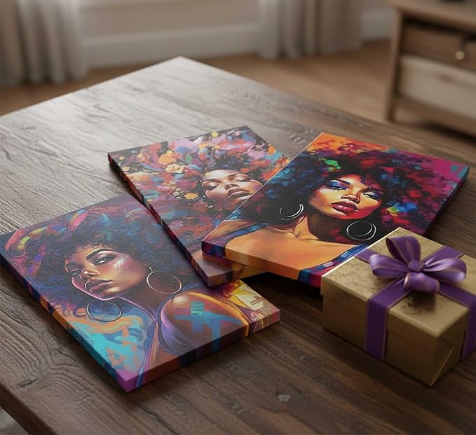 3Pcs African American Women Canvas Wall Art Colorful Graffiti Afro Girl Painting Modern Abstract Aesthetic Pictures Wall Decor Posters Print Artwork for Living Room Bedroom Home Decoration