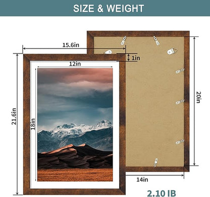 iRahmen 14x20 Picture Frame with 12x18 Mat - Plexiglass Wooden Poster Frame for Photo Wall Gallery Mounting (Dark Brown, Set of 2)