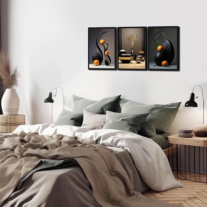 raiqtols Modern Abstract Framed Wall Art for Living Room Set of 3 – Bright Style Orange Still Life Canvas Prints, Smooth Surface Vase Wall Decor with Black Wood Frame for Bedroom Bathroom Office – 16x24in
