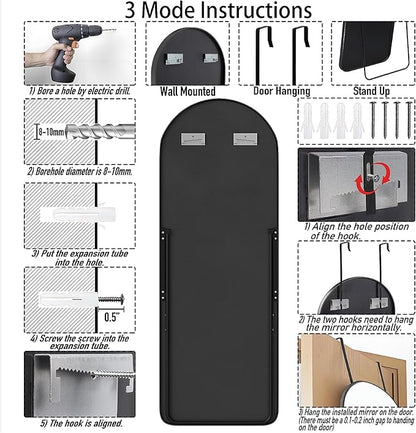 SCWF-GZ 57x20 Door Hanging Full Length Mirror, Floor (Height 5.7ft just Body in1.3ft) Wall Mounted Metal Frame Arch Dressing Mirrors for Bedroom Bathroom Living Room 57 inch Black