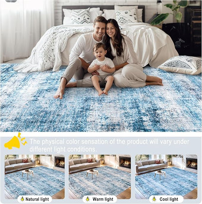 Area Rugs 9x12 Living Room - Washable Rug Modern Abstract Soft Large Neutral Non-Slip Carpet Indoor Floor Thin Carpets for Bedroom Dining Room Farmhouse Nursery Home Office Blue Grey