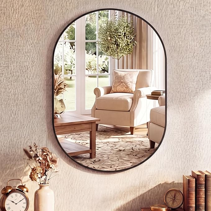 NEWBULIG 20" x 30" Oval Bathroom Mirror, Black Wall Mirror with Metal Frame, Tempered Glass, Morden Vanity Mirror for Over Sink, Entryway, Living Room, Bedroom, Horizontal or Vertical