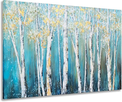 Yihui Arts Landscape Canvas Print Artwork: Teal Winter Forest Painting Wall Art for Office or Living Rooms Decoration