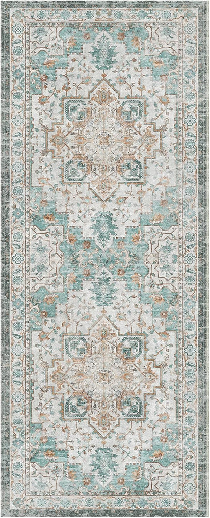 GENIMO 2x7 Runner Rugs for Hallway, Machine Washable Non Slip Vintage Rugs, Low Pile Lightweight Soft Print Rug for enrtyway, Corridor, Home Office, Kitchen, Cyan
