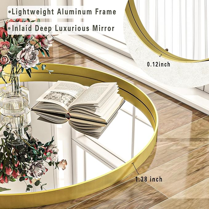 24 inch Round Bathroom Mirror, Gold Metal Deep Frame Wall Mounted Circle Mirror for Wall Decor, Living Room, Vanity, Entryway, Hanging or Leaning