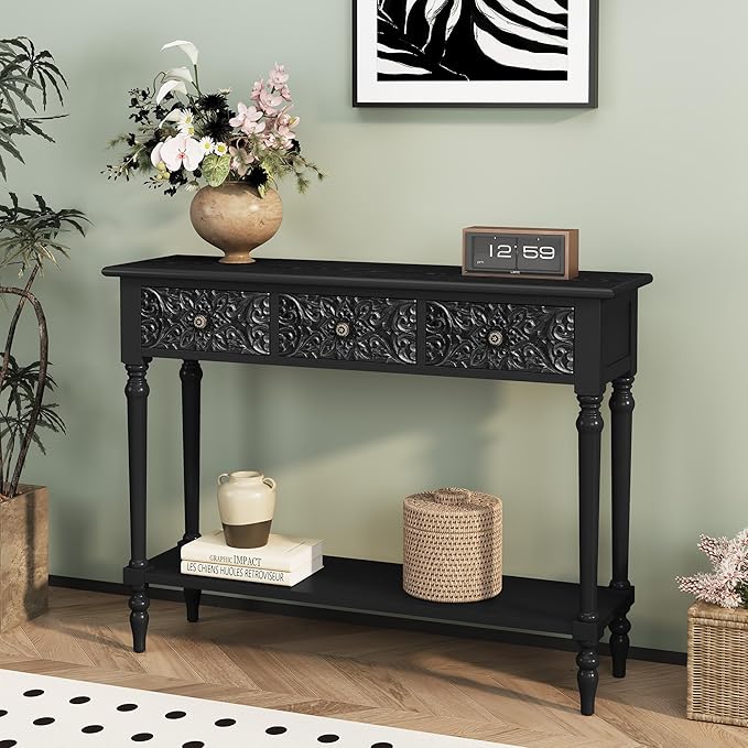 3More Entryway Console Table with 3 Drawers,42" Carved Hallway Table with Open Shelf,Long Sofa Table for Living Room, Hallway, Behind Couch,Black