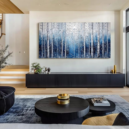 SERIMINO Birch Forest Wall Art, Nature Tree Extra Large Artwork, Spiritual Landscape Canvas Painting, Blue and White Aesthetic Pictures Wall Decor Living Room Bedroom Office Art Prints 29"X57"