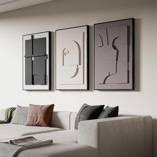3D Textured Abstract Wall Art for Living Room, 3 Piece Modern Neutral Framed Sculpture Artwork, Minimalist Earth Tone Geometric Cubist Paintings for Home Office Dining Room, 20x30 Inch