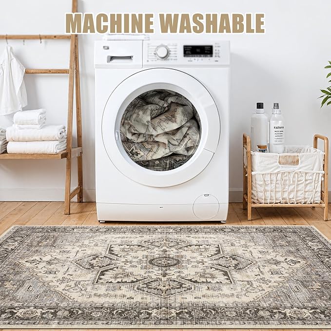 Area Rug for Living Room - 9x12 Soft Machine Washable Oriental Vintage Floral Distressed Large Indoor Floor Carpet for Bedroom Under Dining Table Home Office Decor - Grey Brown
