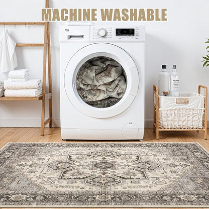 Area Rug 5x7 for Living Room - Washable Oriental Vintage Floral Distressed Large Indoor Carpets with Non Slip Back for Bedroom Dining Room Nursery Office Home Decor - Grey Brown