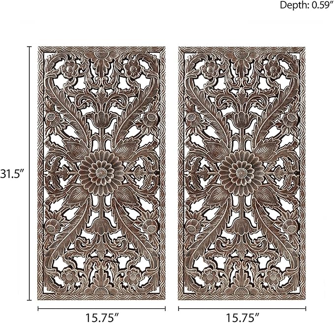 Madison Park Wall Art Living Room Décor - Floral Antiqued Wooden Carving Wall Decor Panel, Silver Embellished, Ready to Hang Wall Decor for Bedroom, 15.75"W x 31.5"L x 0.59"D, Bronze, 2 Piece