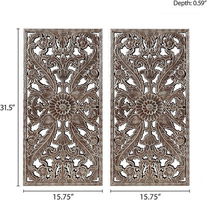 Madison Park Wall Art Living Room Décor - Floral Antiqued Wooden Carving Wall Decor Panel, Silver Embellished, Ready to Hang Wall Decor for Bedroom, 15.75"W x 31.5"L x 0.59"D, Bronze, 2 Piece