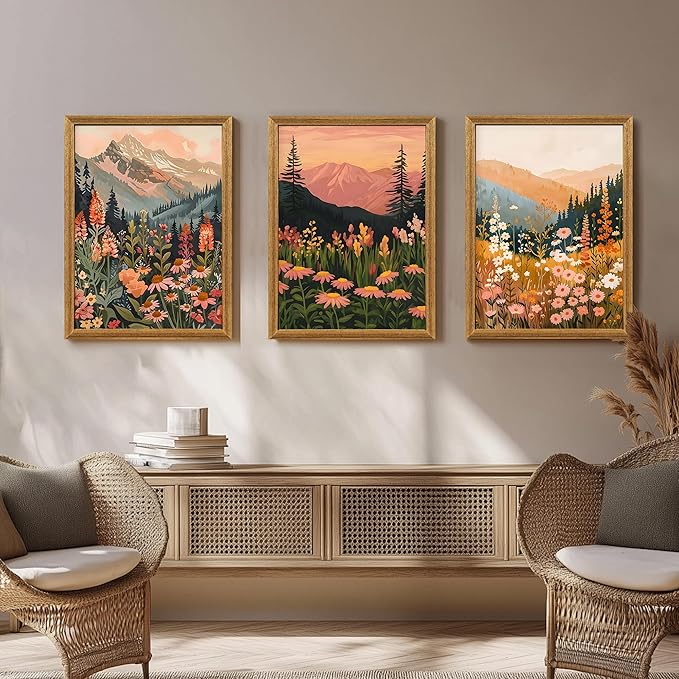 ICHZUMW Framed Boho Abstract Landscape Mountain and Floral Canvas Wall Art Set of 3, Colorful Nature Botanical Paintings Artwork, Large Wildflower Wall Decor for Living Room Bedroom Office, 12x16in