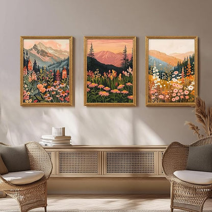 ICHZUMW Framed Boho Abstract Landscape Mountain and Floral Canvas Wall Art Set of 3, Colorful Nature Botanical Paintings Artwork, Large Wildflower Wall Decor for Living Room Bedroom Office, 12x16in