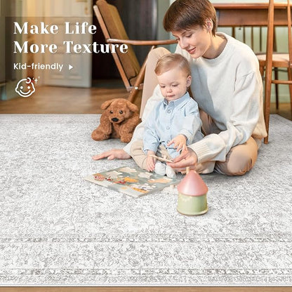 9x12 Area Rugs for Living Room: Washable Large Vintage Floral Rug Low Pile Non-Slip Boho Carpet for Bedroom Home Office Dining Room (Floral Grey, 9'x12')