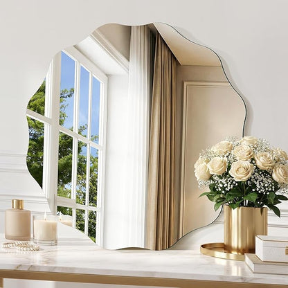 CILIBER Frameless Wavy Round Mirror, 20'' Scalloped Circle Wall Mirror, 3mm Tempered Glass Decorative Bathroom Vanity Mirror, Mounting/Leaning for Mantel, Living Room, Bedroom and Entryway
