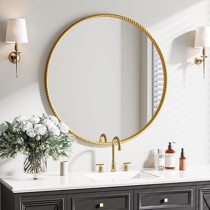 PROHOMEWARE Gold Round Bathroom Mirrors, 32 inch Circle Wall Mounted Hanging Mirror for Entryway, Living Room, Hallway, Bathroom, Bedroom