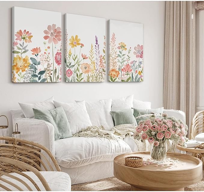 Watercolor Wildflower Wall Art Decor Colorful Flower Pictures Canvas Floral Botanical Wall Art Vintage Prints Poster Floral Painting Artwork for Living Room Bedroom 12x16 Inch Framed Set of 3