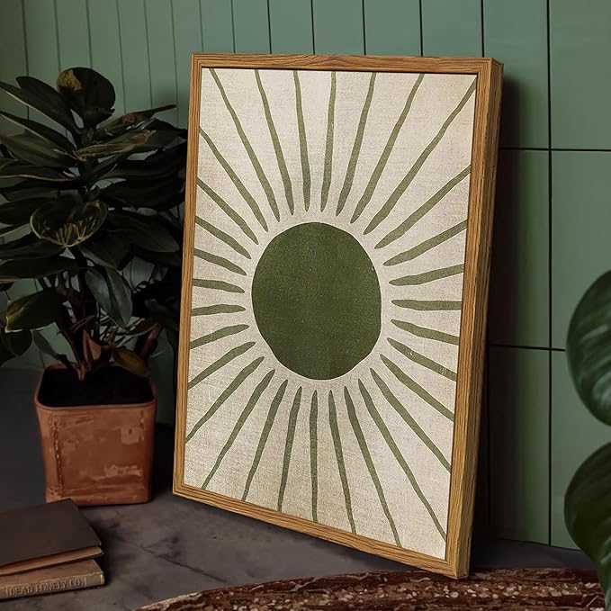 Framed Boho Sun and Moon Canvas Wall Art Set of 2, Vintage Sage Green Bohemian Pictures Wall Decor, Mid Century Modern Abstract Minimalist Paintings Prints for Living Room Bedroom Office 16x24 inch