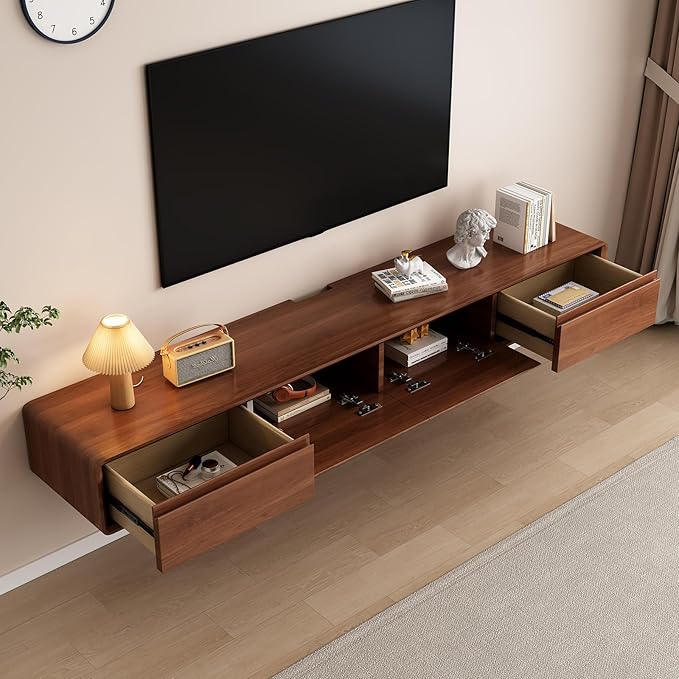 Floating TV Stand Large Floating TV Shelves Wall Mounted Multi Storage Compartment TV Media Console Floating TV Cabinet Bench Under TV Large Storage (Brown C, 78.7 * 7.9 * 9.4 in)