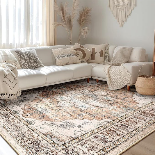 BESTSWEETIE 9x12 Area Rug Washable Rugs for Living Room, No Pile Boho Carpet for Entryway Bedroom Dinning Room, Vintage Carpet Print Distressed Non-Slip, 9 x 12 ft, Orange Pink Brown Earth Tones