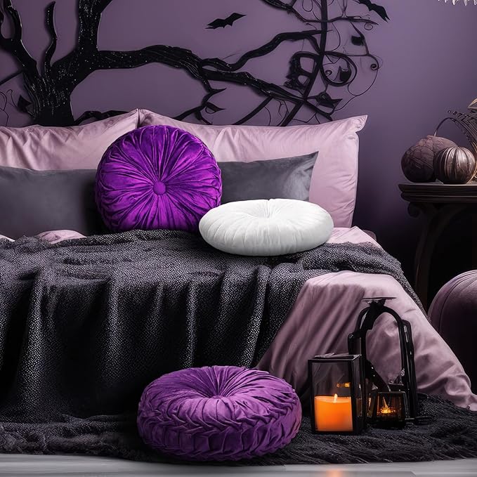 Beeveer 3 Pcs Round Throw Velvet Pillows Classy Accent Pumpkin Throw Pillows 15 Inch Decorative Cushion for Couch Chair Bed Car, 2 Styles(Black, Purple, White)