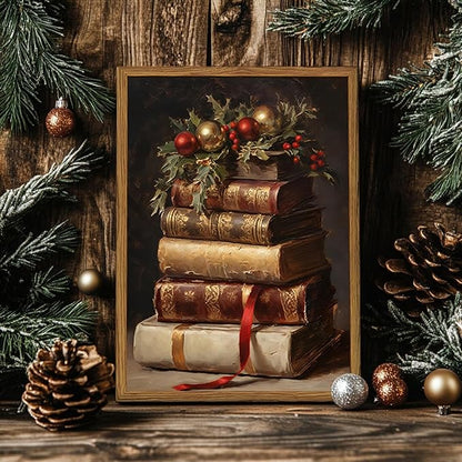 Framed Vintage Christmas Canvas Wall Art, Rustic Xmas Book Artwork Wall Decor Paintings, Retro Winter Holiday Pictures Prints Dark Academia Home Decor for Living Room Bedroom Libiary 12×16 inch