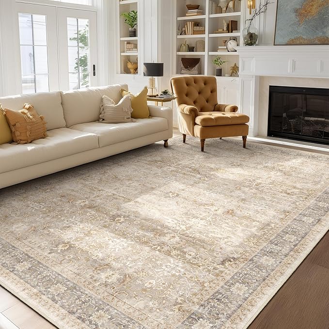 Earth Tone 7x10 Rugs for Living Room, Vintage Neutral Area Rug for Bedroom Dining Room, Low Pile Thin Washable Non Slip Room Rug for Home Office Playroom Family Room, Farmhouse Beige Taupe