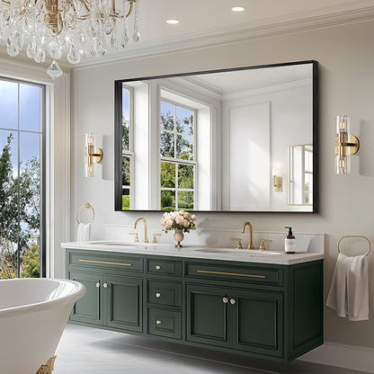 CIRCUMI Black Bathroom Mirror, 60"x40" Rectangular Mirror with Deep Metal Frame, Brushed Finish, Tempered Glass, Large Mirror for Wall, Over 2 Sinks, Installed Vertically/Horizontally, Crystal-Clear