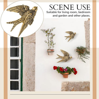 Kathfly 2 Pcs Vintage Bird Wall Sculpture Decor Art 4.7 Inch&6.7 Inch Antique 3D Sculpted Hanging Bird Resin Wall Art Golden Brass Floating Ornament for Room Garden Outdoor for Couples Housewarming