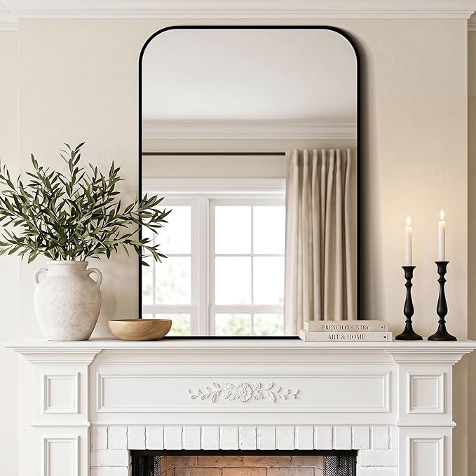 Bathroom Vanity Mirror for Wall, 40" x 28" Black Metal Framed Bathroom Mirror for Mantel, Living Room, Bedroom, Entryway, Fireplace Decor