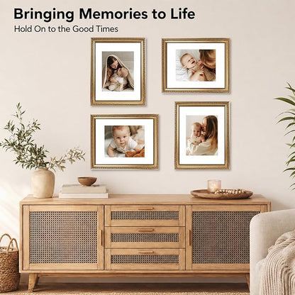 JCJMY 11x14 Vintage Picture Frame with 8x10 Mat Set of 2, Elegant Retro 11 by 14 Photo Frame with Shatter-Resistant Plexiglass for Wall Hanging, Gallery Decor & Gift, Gold, 2 Pack