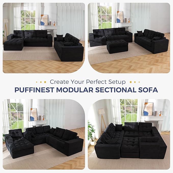 MAXYOYO Modular Sectional Sofa with Ottoman and Loveseat, Cloud Boneless Couch with Layered Cushion, Flexible Module Combination Sofa for Living Room, No Assembly Required,Black