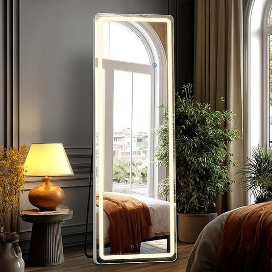 DUMOS LED Mirror Full Length with Stand, 16"×60" Full Body Wall Mirror with LED Lights 3 Color Lighting, Hanging or Leaning, Floor Standing, Modern Simple Home Wall Decor