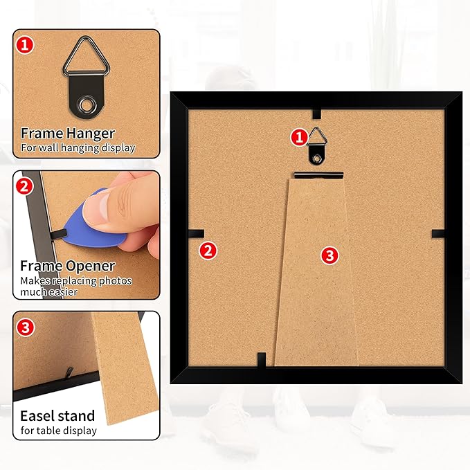 5x5 Picture Frame, Black Photo Frame for Tabletop or Wall Display, Frame Collage with HD Plexiglass for Wall Home Gallery Decor, Black with Gadget, 2 Pack