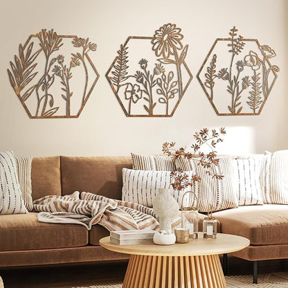 Peryiter 3 Pcs Metal Flower Wall Decor Minimalist Floral Wall Hanging Decor Metal Flower Rustic Floral Art for Spring Living Room Bathroom Kitchen Indoor Outdoor(Patina)