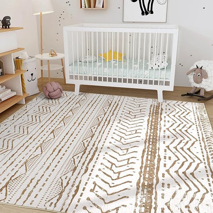 Nakagishi Area Rugs 8x10 Living Room: Washable Boho Large Neutral Soft Farmhouse Rug Stain Resistant Modern Geometric Indoor Floor Carpet for Bedroom Nursery Playroom Office Dining Room- Brown White