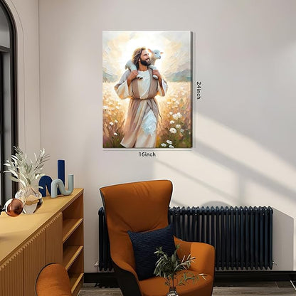 Jesus Canvas Wall Art Print – Christian Wall Decor Poster Painting of Jesus Carrying the Lamb, Inspirational Religious Decor for Living Room, Church or Prayer Room – 16"x24" Framed
