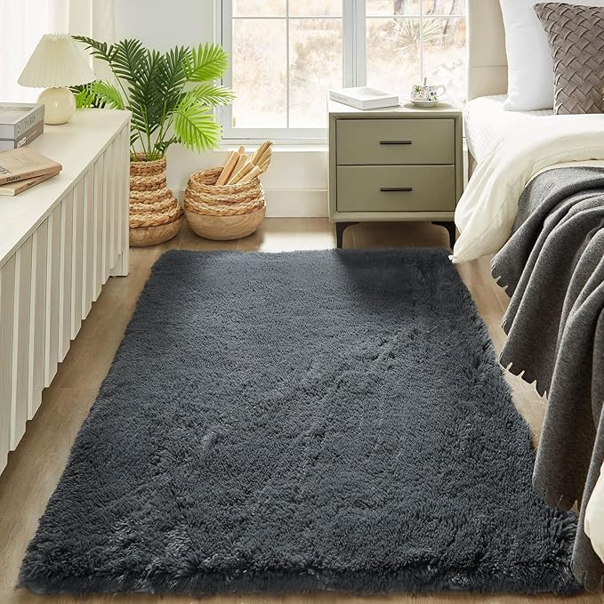 Floralux Area Rugs for Living Room, Dark Grey, 4x6 Rug for Bedroom, Fluffy Shag Shaggy Soft Carpet, Non-Slip Indoor Floor Carpets for Nursery, Kids Baby Boys Teen Dorm Home Decor Aesthetic