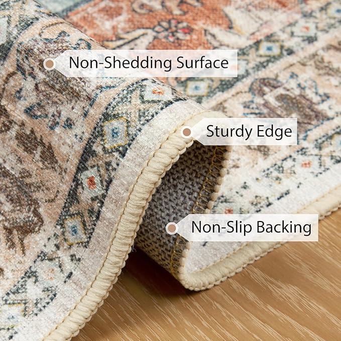 BESTSWEETIE 2x6 Area Rug Washable Rugs for Living Room, No Pile Boho Carpet for Entryway Bedroom Dinning Room, Vintage Carpet Print Distressed Non-Slip, 2 x 6 ft, Green Brick Rust Red