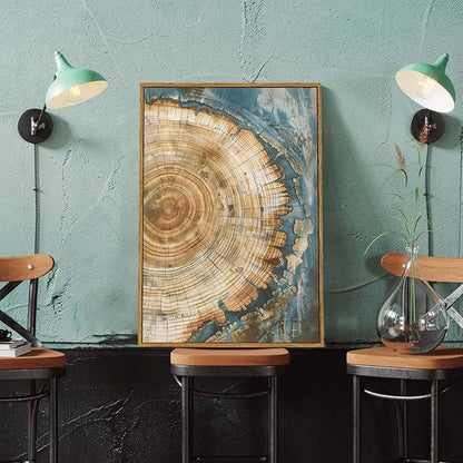 BingruiArt Framed Tree Ring Canvas Wall Art Abstract Wood Wall Decor Boho Modern Colorful Nature Painting Wood Stump Prints Pictures for Living Room Bedroom Bathroom Office 16"x24" Natural Framed(08)